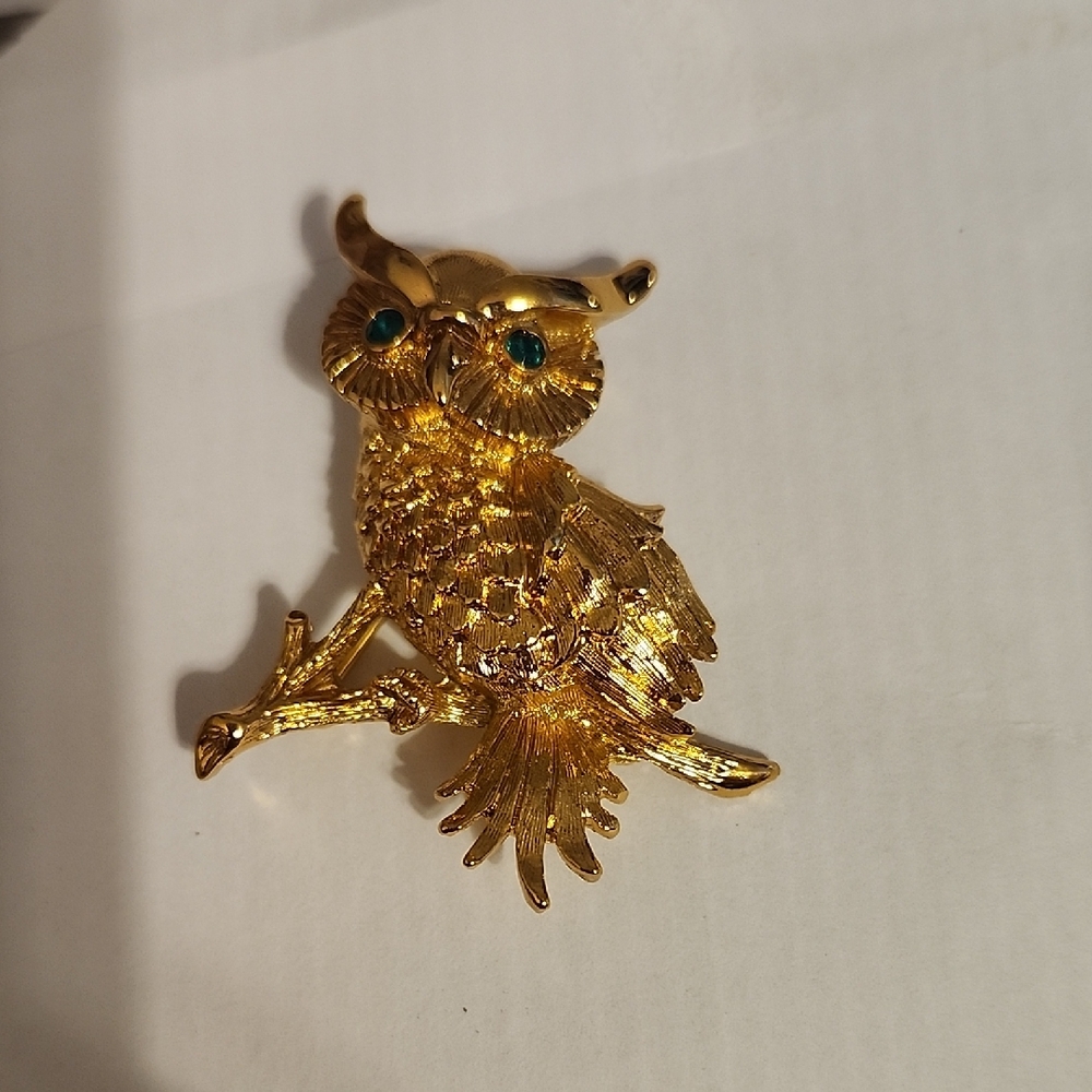 Monet Gold Owl Pin with Teal Accents